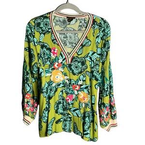 Vineet Bahl Green Floral Embroidered Tunic with Flared Sleeves Size XS